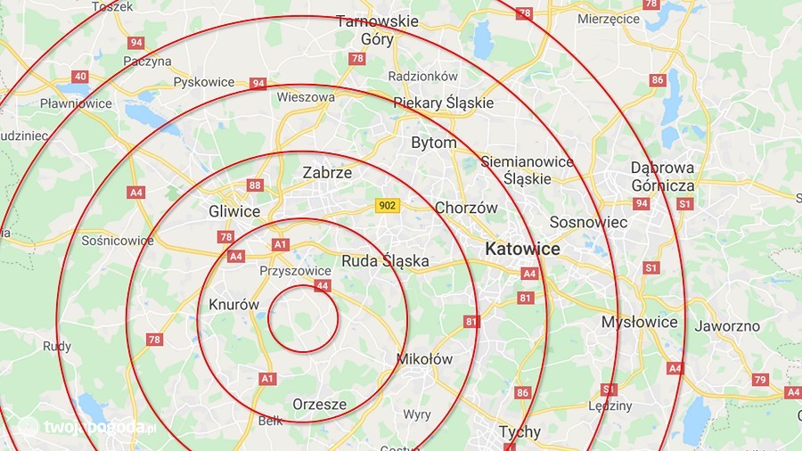 Epicentrum trzęsienia ziemi na Górnym Śląsku. Fot. TwojaPogoda.pl / Google Maps.
