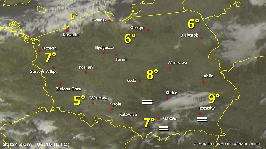 Zdjęcie satelitarne Polski w dniu 8 kwietnia 2019 o godzinie 8:15. Dane: Sat24.com / Eumetsat.