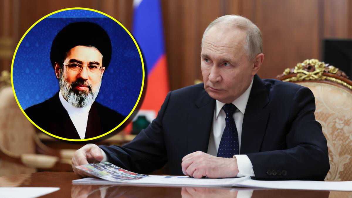 Portret Modżtaby Chameneiego w okręgu nałożony na zdjęcie Władimira Putina siedzącego przy biurku.