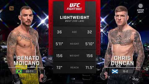 Dw&oacute;ch zawodnik&oacute;w MMA, Renato Moicano po lewej i Chris Duncan po prawej, stoją obok siebie. Między nimi znajduje się tablica z informacjami o walce UFC w kategorii Lightweight, prezentująca statystyki obu zawodnik&oacute;w: wiek, wzrost, wagę i zasięg.