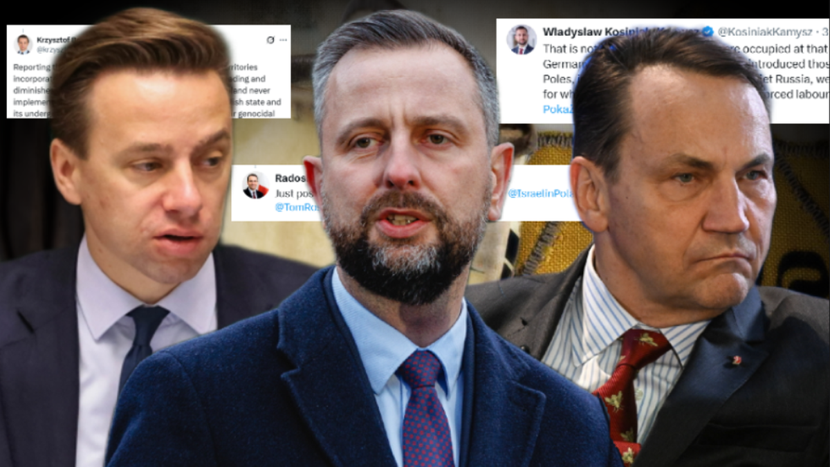 Kolaż zdjęć polityków i fragmentów wpisów w mediach społecznościowych dotyczących kontrowersji wokół Instytutu Jad Waszem.