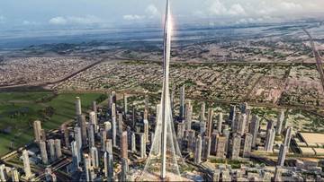 Wizualizacja futurystycznej wieży Dubai Creek Tower wznoszącej się nad panoramą miasta.