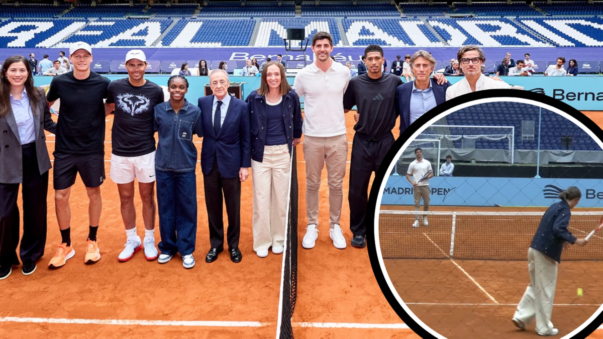 Grupa os&oacute;b na korcie tenisowym, w tym Iga Świątek, Rafael Nadal, Jannik Sinner, Jude Bellingham i Thibaut Courtois.