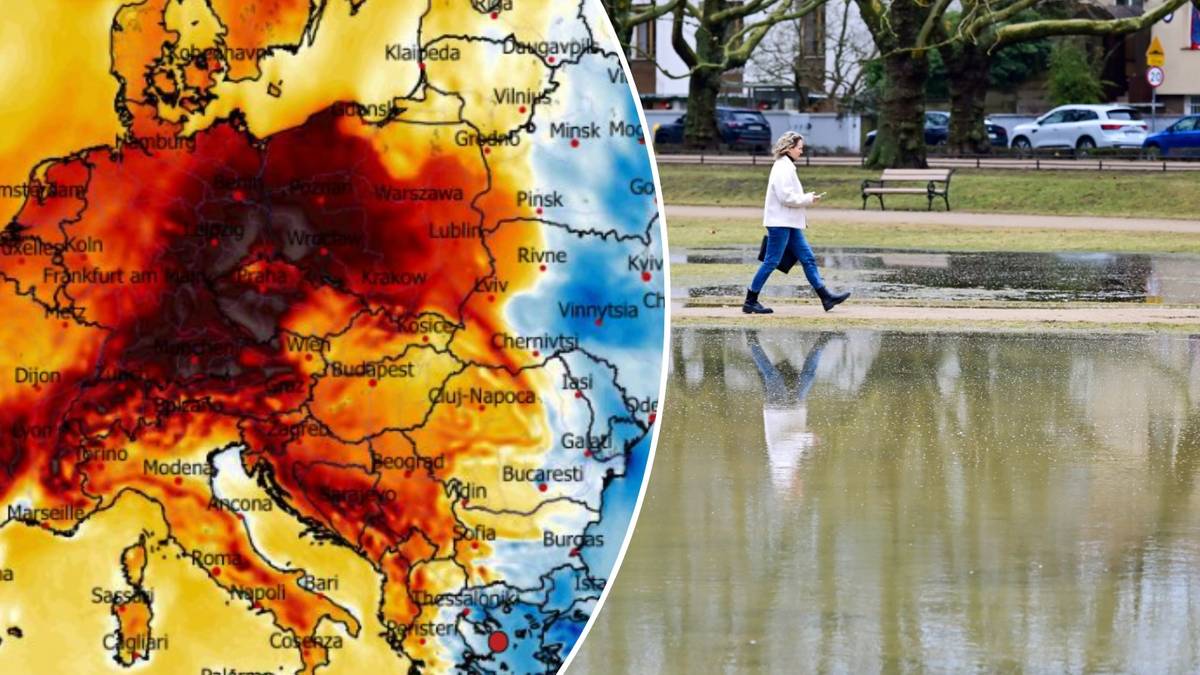 Mapa Europy z anomaliami temperatur oraz osoba spacerująca nad zbiornikiem wodnym.