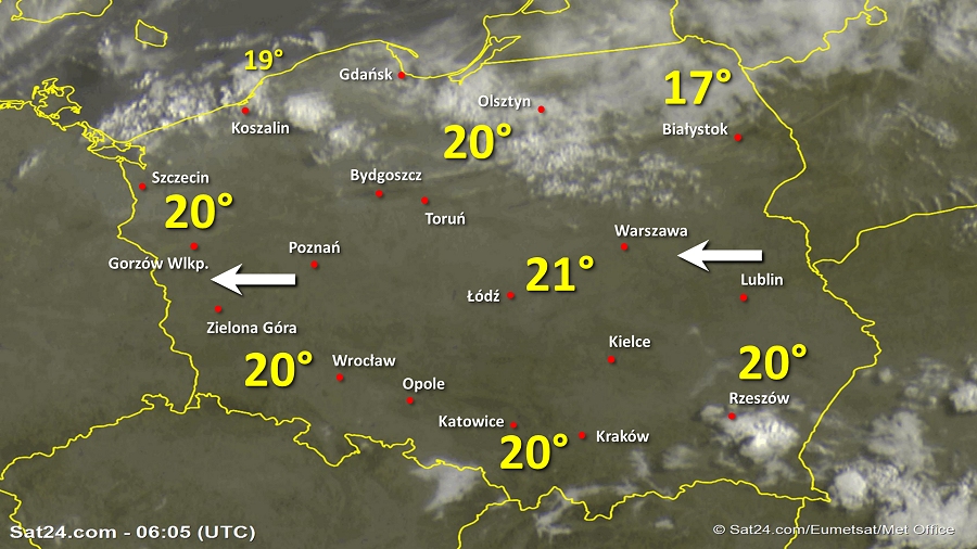 Zdjęcie satelitarne Polski w dniu 31 sierpnia 2019 o godzinie 8:05. Dane: Sat24.com / Eumetsat.