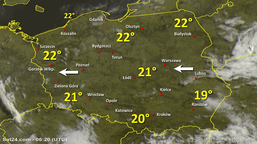 Zdjęcie satelitarne Polski w dniu 6 czerwca 2019 o godzinie 8:20. Dane: Sat24.com / Eumetsat.