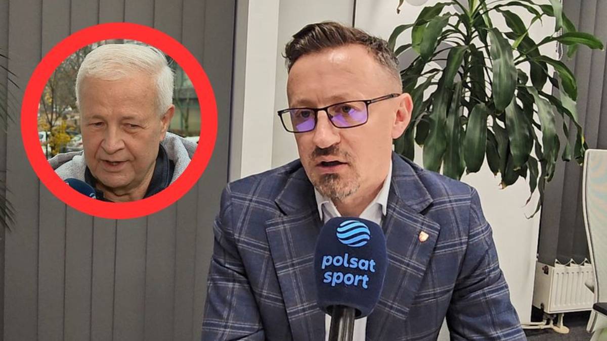 Dw&oacute;ch mężczyzn, jeden udziela wywiadu z mikrofonem Polsat Sport, obok zdjęcie drugiego mężczyzny w czerwonym okręgu.
