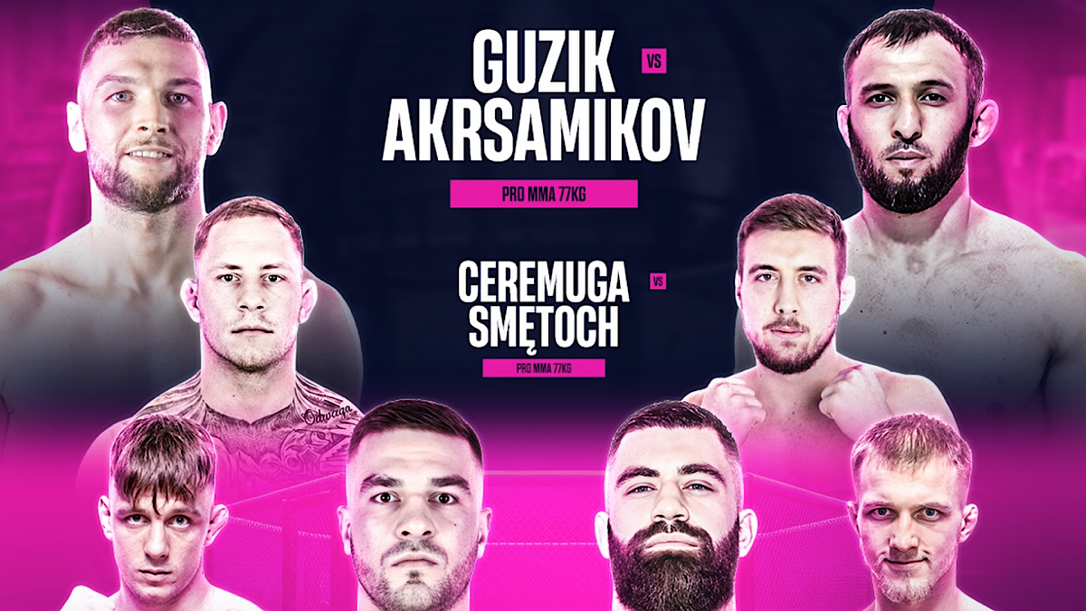 Grafika zapowiadająca walki MMA z portretami zawodnik&oacute;w.