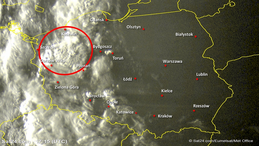 Zdjęcie satelitarne Polski w dniu 1 września 2019 o godzinie 19:15. Dane: Sat24.com / Eumetsat.