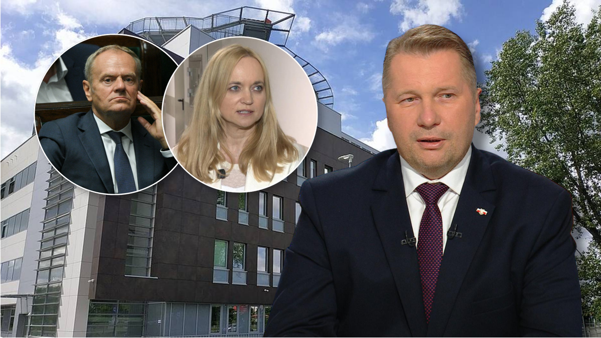 Trzy portrety os&oacute;b: Donald Tusk po lewej, Ewa Kopacz w centrum, Mariusz Błaszczak po prawej, na tle budynku biurowego.