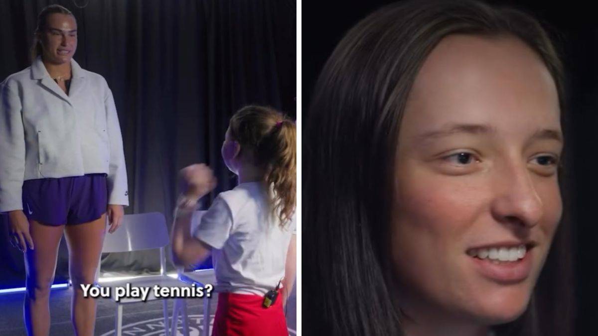 Dwa obrazy: po lewej wysoka kobieta w stroju tenisowym stoi naprzeciwko małej dziewczynki, po prawej zbliżenie na twarz kobiety.