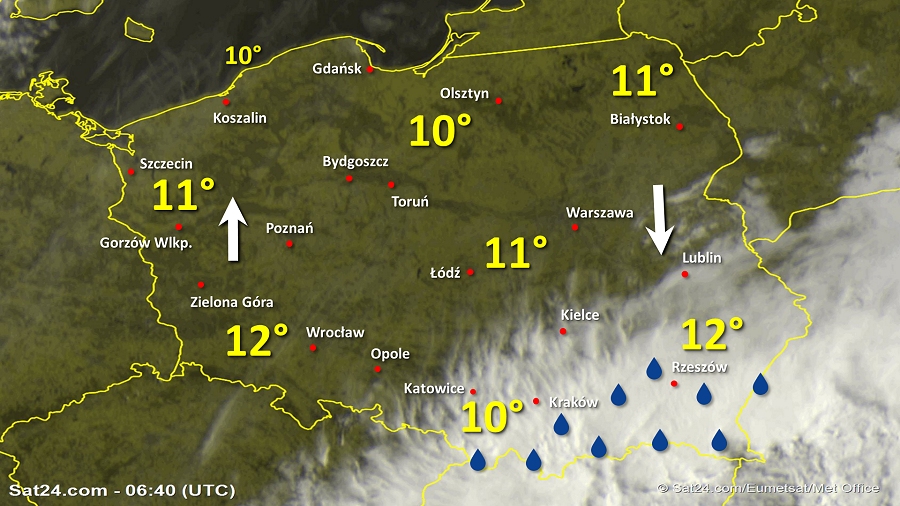 Zdjęcie satelitarne Polski w dniu 30 maja 2019 o godzinie 8:40. Dane: Sat24.com / Eumetsat.