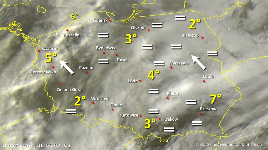 Zdjęcie satelitarne Polski w dniu 8 listopada 2019 o godzinie 7:55. Dane: Sat24.com / Eumetsat.