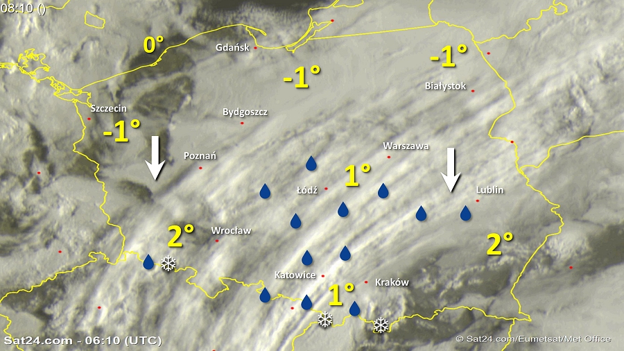 Zdjęcie satelitarne w dniu 27 marca 2018 o godzinie 8:10. Dane: Sat24.com / Eumetsat.