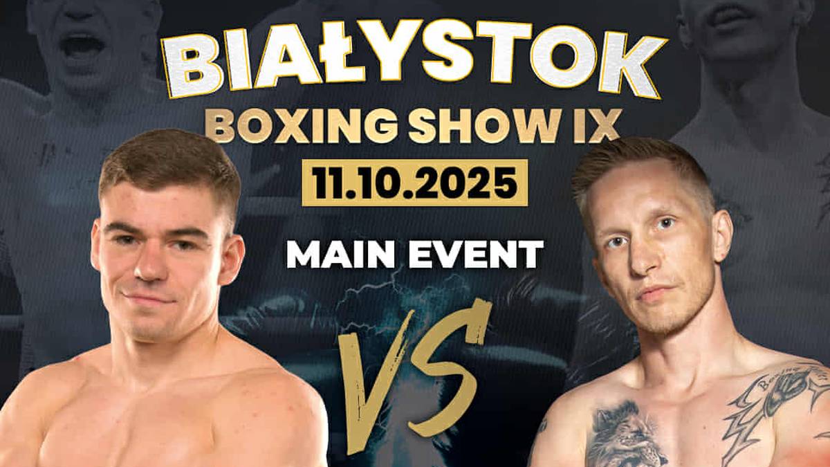 Dwóch bokserów na tle napisu BIAŁYSTOK BOXING SHOW IX.