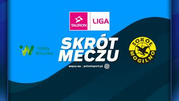 Logo Volley Wrocław i logo Sokół & Hagric Mogilno na tle niebiesko-granatowym z napisem "SKRÓT MECZU" oraz logo Tauron Liga.