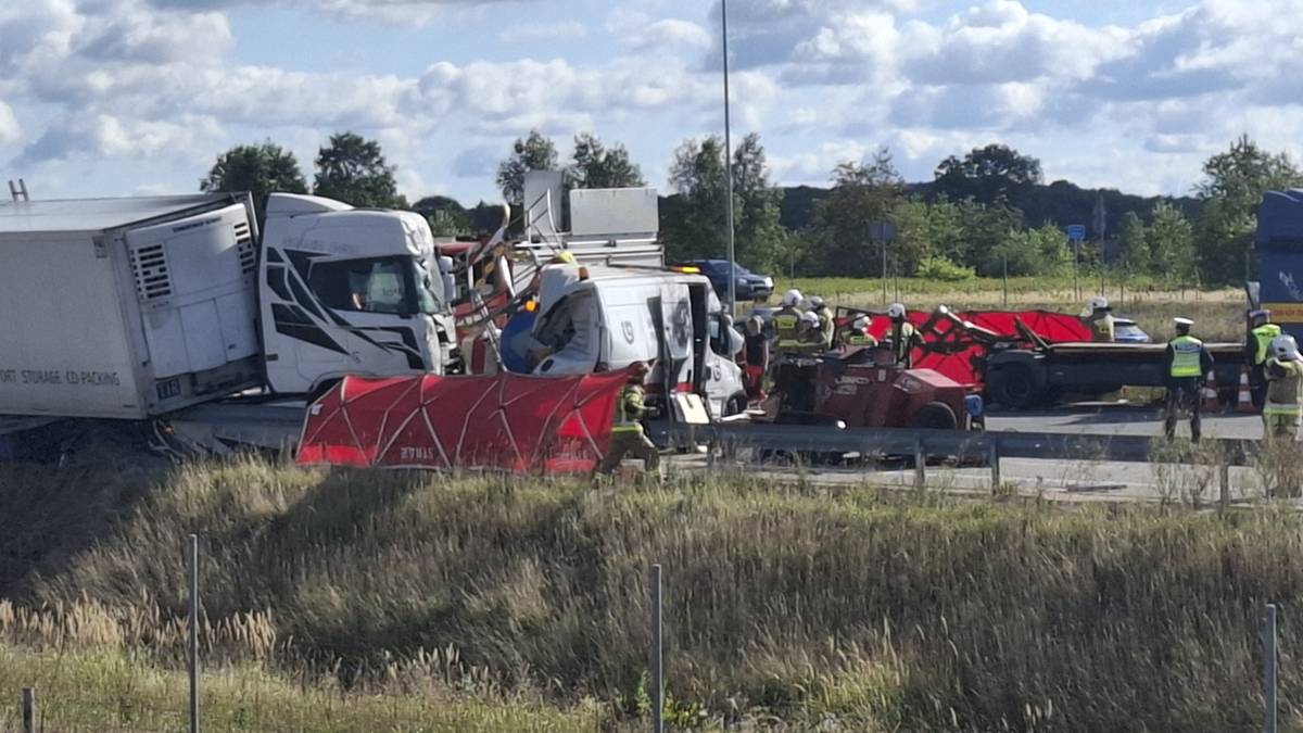 Widok na miejsce wypadku drogowego na autostradzie A1. Widać uszkodzone ciężar&oacute;wki i samochody służb ratowniczych.