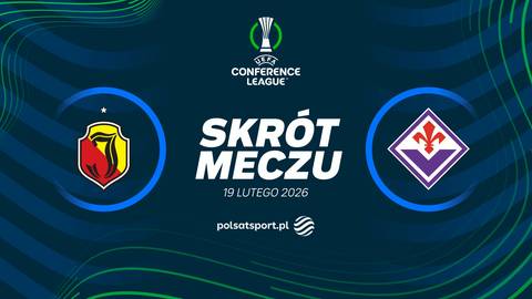 Grafika z logotypami Jagiellonii Białystok i ACF Fiorentina, napisem "SKR&Oacute;T MECZU" oraz datą 19 lutego 2026. Pośrodku znajduje się logo Ligi Konferencji Europy, a na dole logo Polsat Sport.