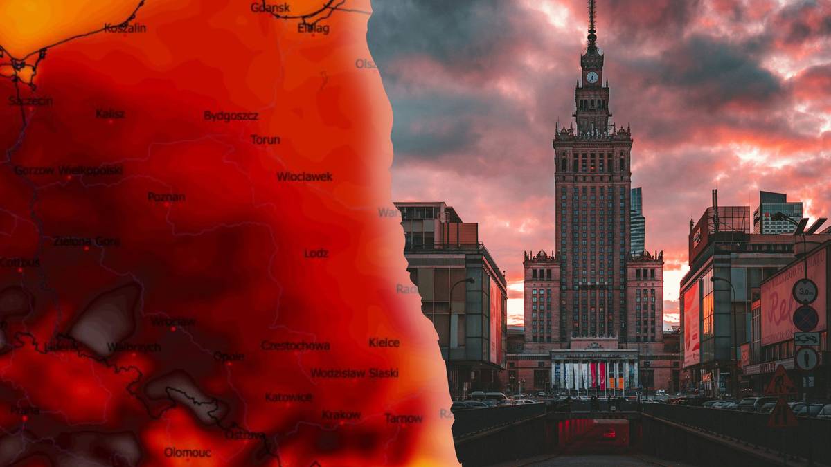 Mapa Polski z zaznaczonymi temperaturami, pokazująca ciepły front, połączona z widokiem na Pałac Kultury i Nauki w Warszawie nocą.