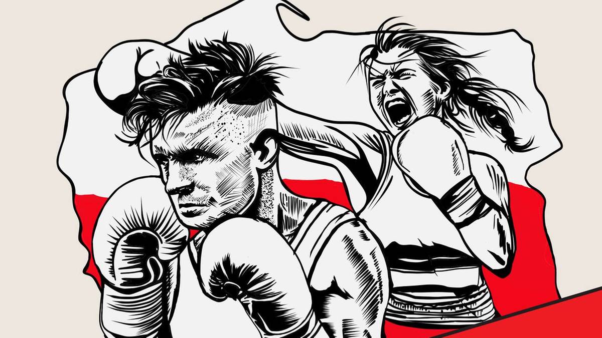Ilustracja przedstawiająca dw&oacute;ch bokser&oacute;w w trakcie walki. Na pierwszym planie zawodnik z zaciętą miną zadaje cios, a w tle widać jego przeciwnika. Tło obrazka symbolizuje flagę Polski.