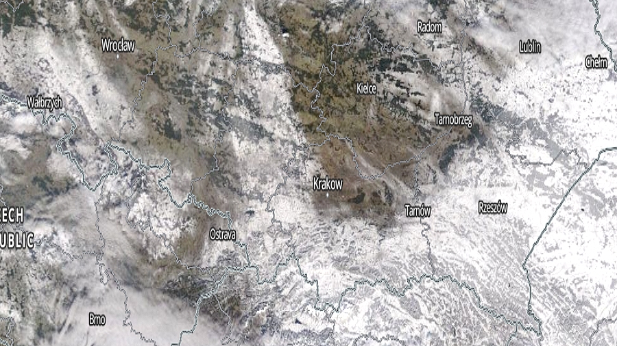 Zdjęcie satelitarne z 6 lutego 2018 roku. Białe obszary - śnieg, brązowe obszary - bezśnieżnie, ciemne obszary - lasy, zbiorniki wodne, rzeki. Fot. NASA