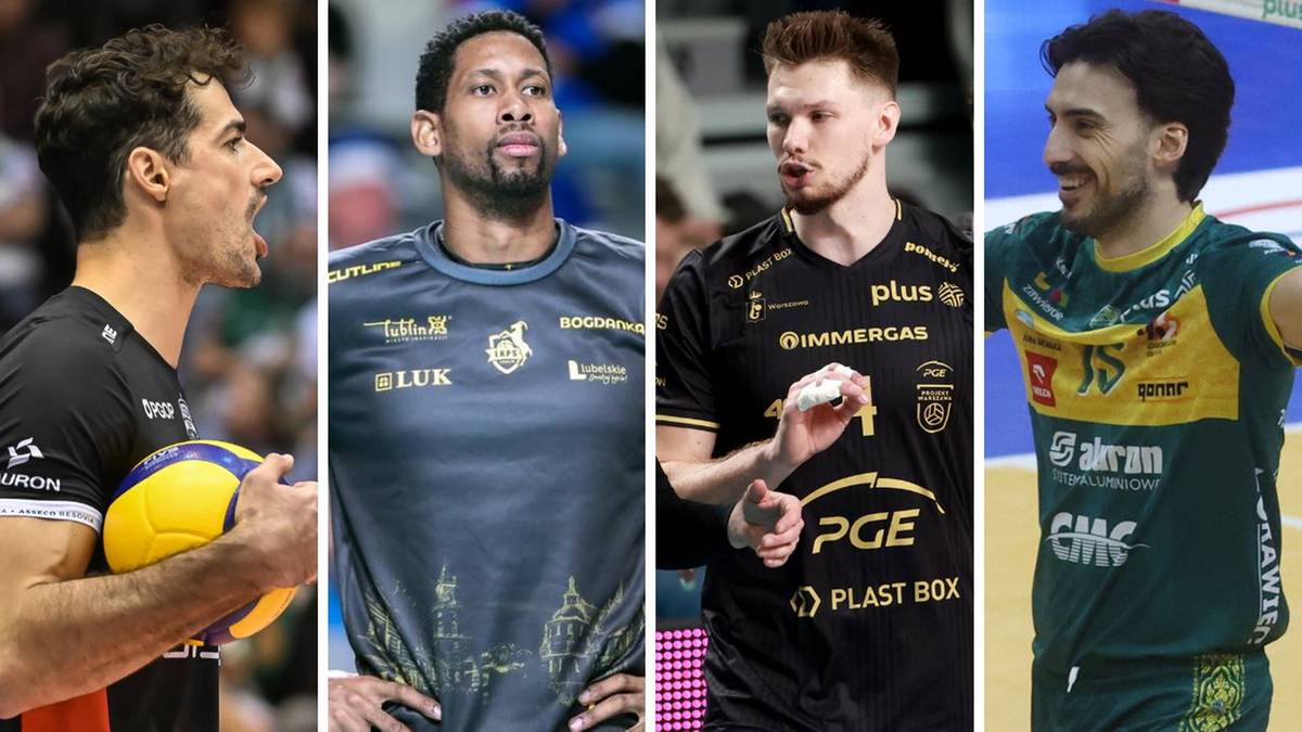 Czterech siatkarzy w zbliżeniu, w strojach sportowych, z widocznym skupieniem na twarzach.