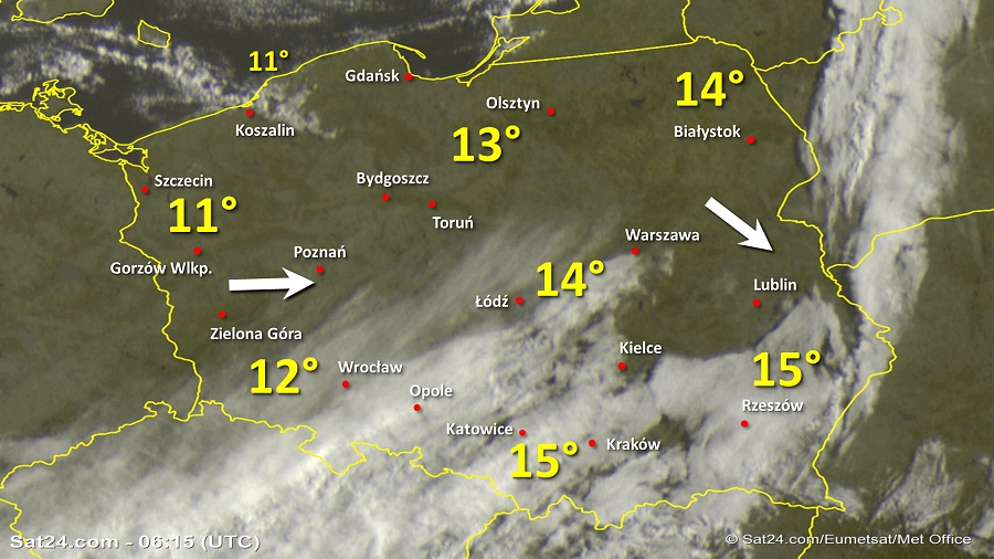 Zdjęcie satelitarne Polski w dniu 6 września 2019 o godzinie 8:20. Dane: Sat24.com / Eumetsat.