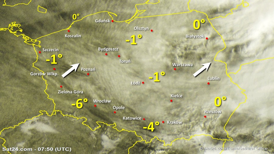 Zdjęcie satelitarne Polski w dniu 2 stycznia 2020 o godzinie 8:50. Dane: Sat24.com / Eumetsat.