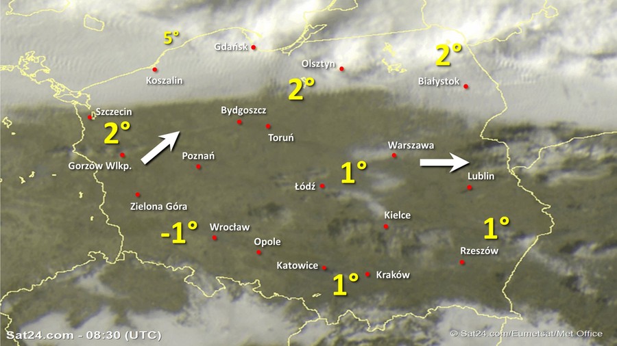 Zdjęcie satelitarne Polski w dniu 21 stycznia 2020 o godzinie 9:30. Dane: Sat24.com / Eumetsat.
