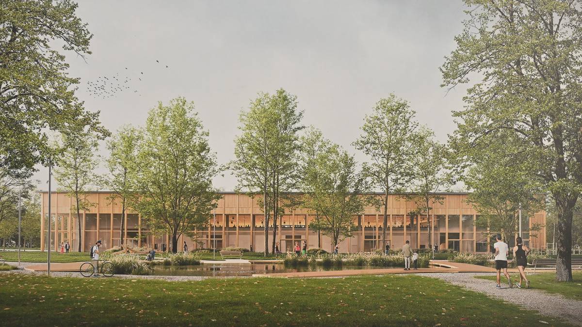 Wizualizacja nowoczesnej hali sportowej z widownią na 6000 miejsc, otoczonej zielenią.