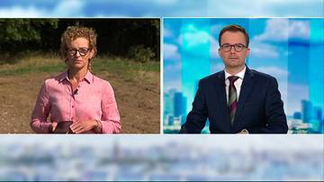 Podzielony ekran przedstawiający kobiety w plenerze oraz mężczyznę w studiu telewizyjnym rozmawiających o kontrowersyjnej inwestycji.