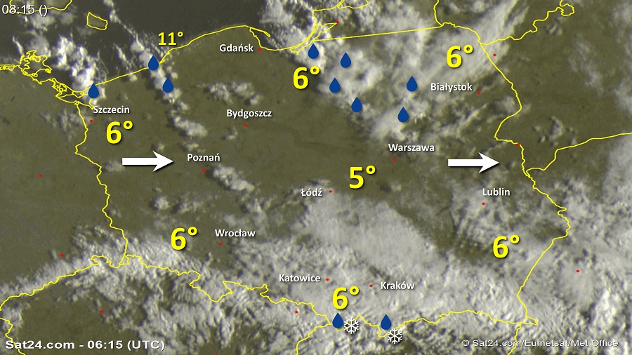 Zdjęcie satelitarne Polski w dniu 25 września 2018 o godzinie 8:15. Dane: Sat24.com / Eumetsat.