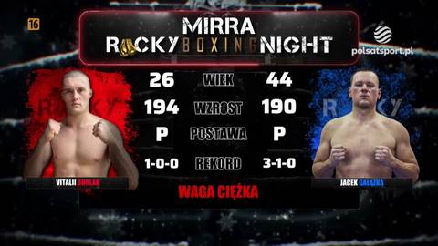 Por&oacute;wnanie statystyk dw&oacute;ch bokser&oacute;w: Vitalii Burlak i Jacek Gałązka. Vitalii Burlak ma 26 lat, 194 cm wzrostu, rekord 1-0-0. Jacek Gałązka ma 44 lata, 190 cm wzrostu, rekord 3-1-0. Obaj zawodnicy walczą w wadze ciężkiej.