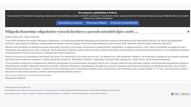 Polska Wikipedia wyłączona na 24 godziny. Protest przeciwko dyrektywie UE o prawie autorskim