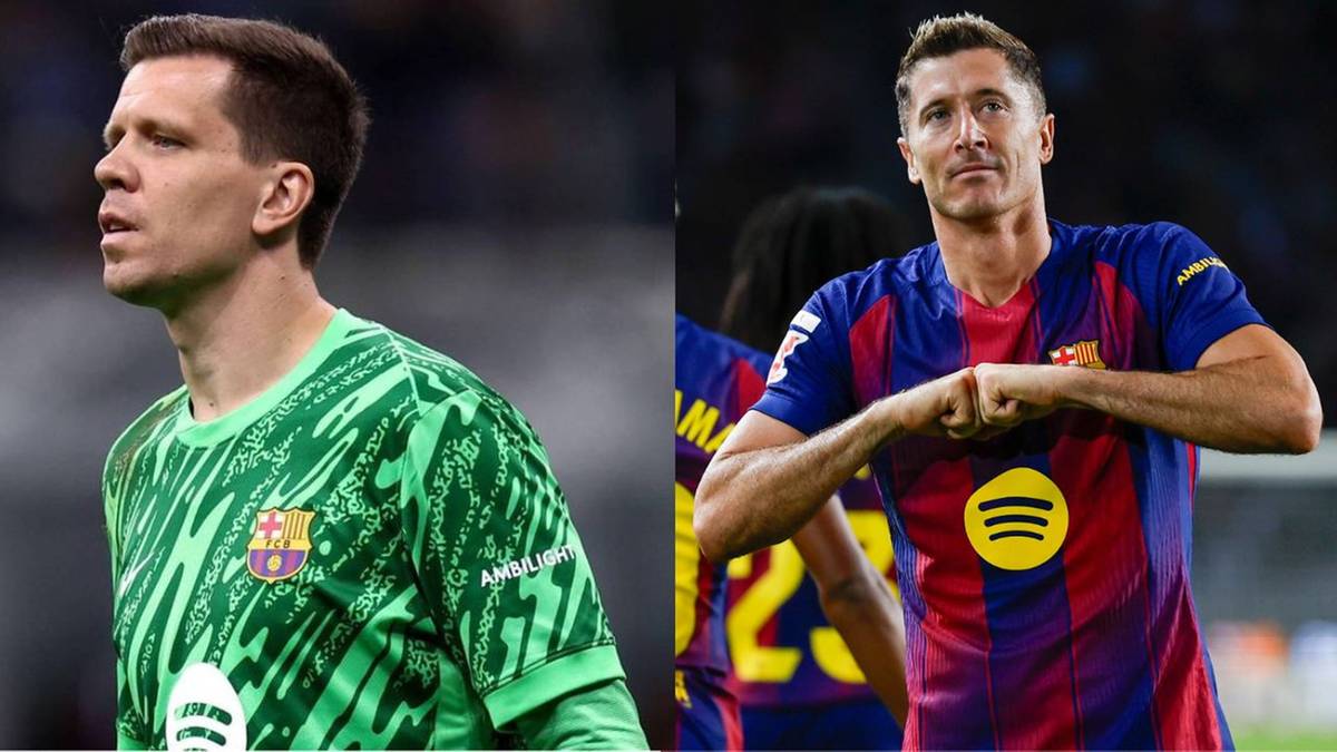 Fragmentaryczne zdjęcia dwóch polskich piłkarzy: Wojciecha Szczęsnego w zielonej koszulce bramkarskiej z logo FC Barcelona oraz Roberta Lewandowskiego w niebiesko-czerwonej koszulce FC Barcelona.