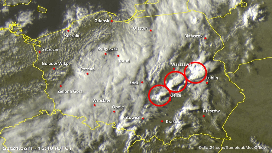 Zdjęcie satelitarne Polski w dniu 19 sierpnia 2019 o godzinie 17:40. Dane: Sat24.com / Eumetsat.