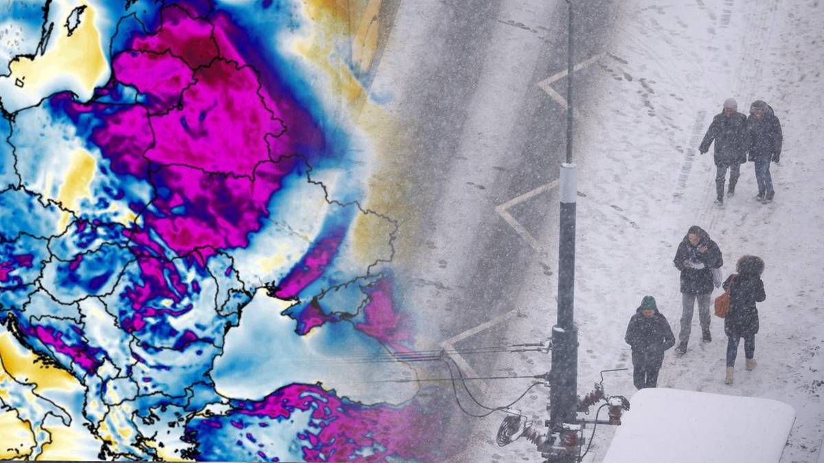 Mapa Europy z wizualizacją temperatur i zimowy krajobraz miejski z ludźmi idącymi po śniegu.