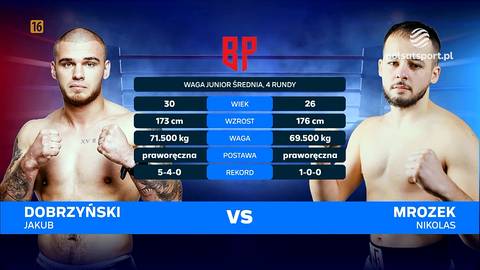 Dw&oacute;ch bokser&oacute;w, Jakub Dobrzyński po lewej i Nikolas Mrozek po prawej, stoi naprzeciwko siebie. Pomiędzy nimi znajduje się tabela z informacjami o ich wadze, wzroście, wadze, postawie i rekordzie.