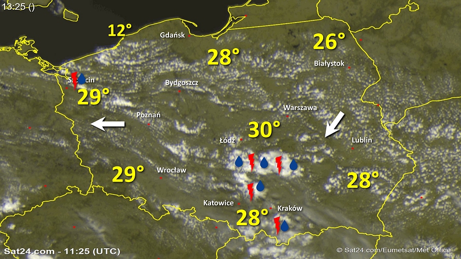 Zdjęcie satelitarne Polski w dniu 31 maja 2018 o godzinie 13:25. Dane: Sat24.com / Eumetsat.