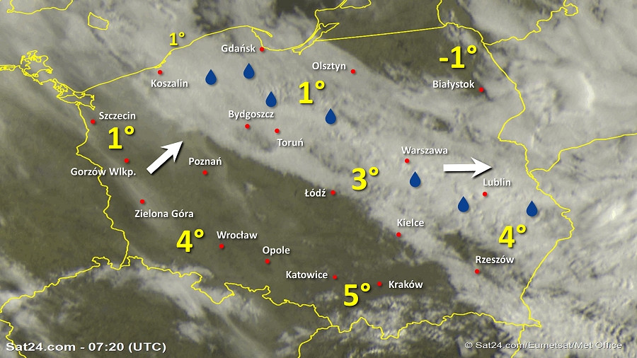 Zdjęcie satelitarne Polski w dniu 6 marca 2019 o godzinie 8:20. Dane: Sat24.com / Eumetsat.