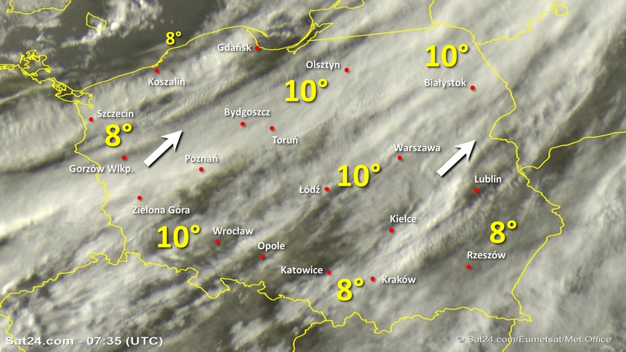 Zdjęcie satelitarne Polski w dniu 17 lutego 2020 o godzinie 8:35. Dane: Sat24.com / Eumetsat.