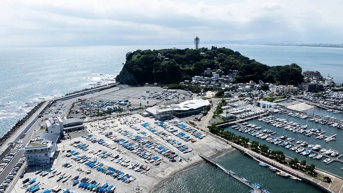 Widok z lotu ptaka na port jachtowy z licznymi łodziami zacumowanymi w rzędach oraz na wzg&oacute;rze porośnięte drzewami z budynkami i latarnią morską na szczycie.