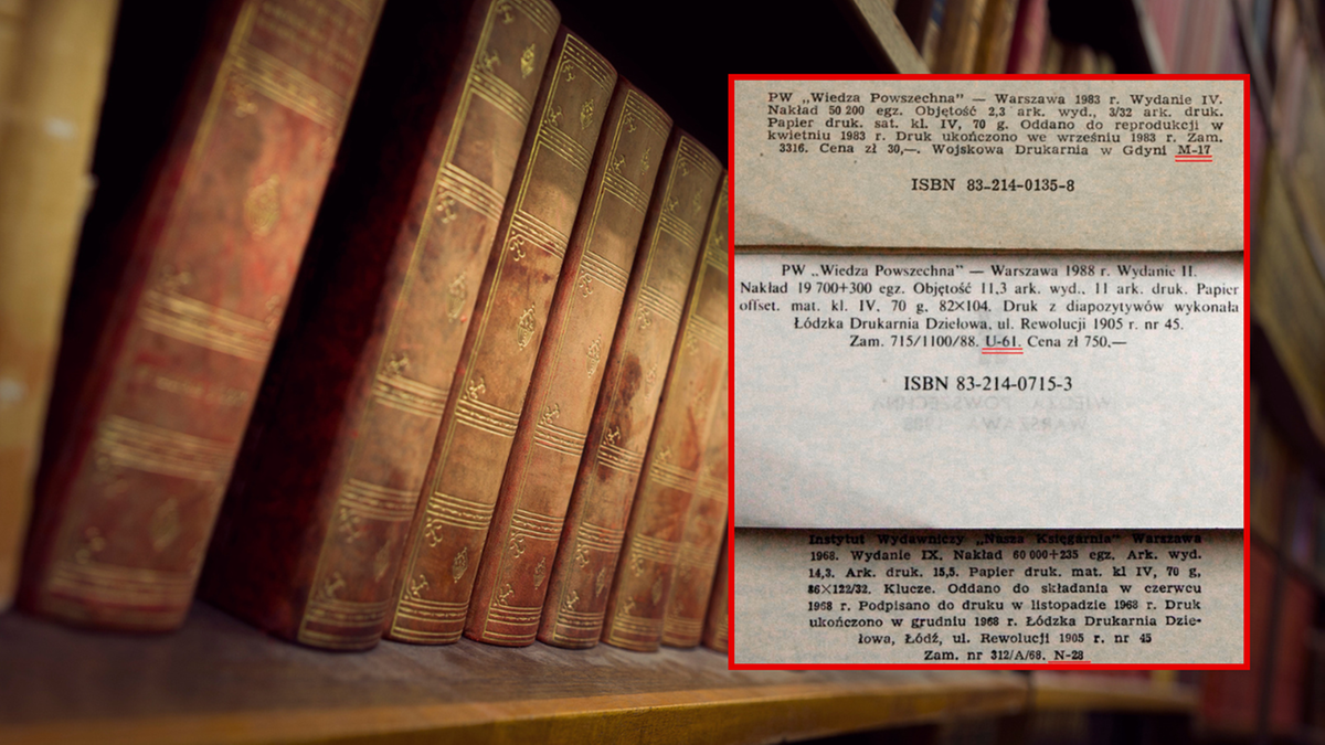 Zbliżenie na grzbiety starych, oprawionych w sk&oacute;rę książek na p&oacute;łce, z wklejonym fragmentem dokumentu zawierającym dane o drukach.