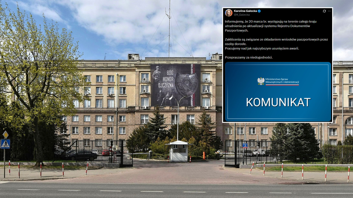 Budynek Ministerstwa Spraw Wewnętrznych i Administracji wraz z komunikatem o awarii systemu paszportowego.