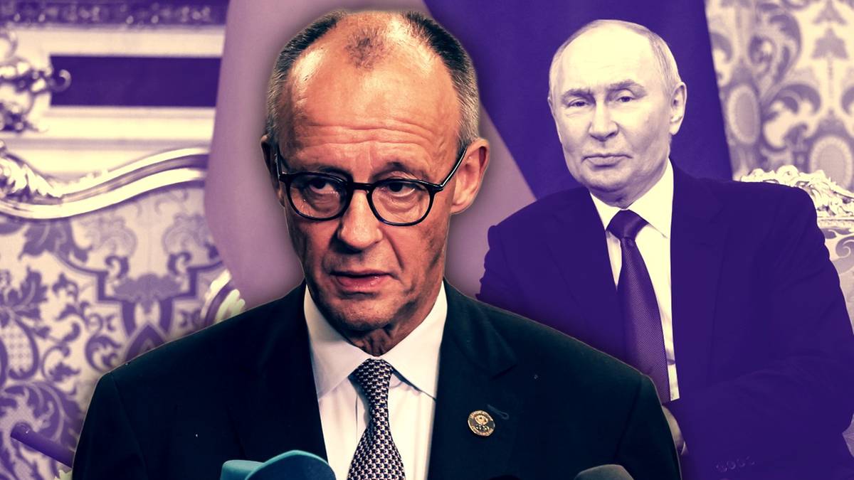 Portret Friedricha Merza, kanclerza Niemiec, z sylwetką Władimira Putina w tle.