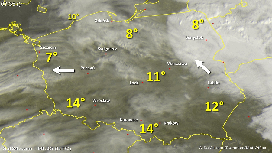 Zdjęcie satelitarne Polski w dniu 1 listopada 2018 o godzinie 9:35. Dane: Sat24.com / Eumetsat.