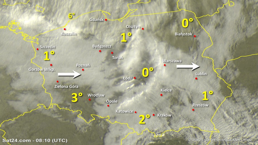 Zdjęcie satelitarne Polski w dniu 1 stycznia 2020 o godzinie 9:10. Dane: Sat24.com / Eumetsat.