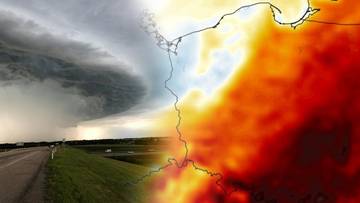 Złożony obraz przedstawiający ciemne, burzowe chmury nad drogą oraz mapę meteorologiczną Polski z zaznaczonymi wysokimi temperaturami.