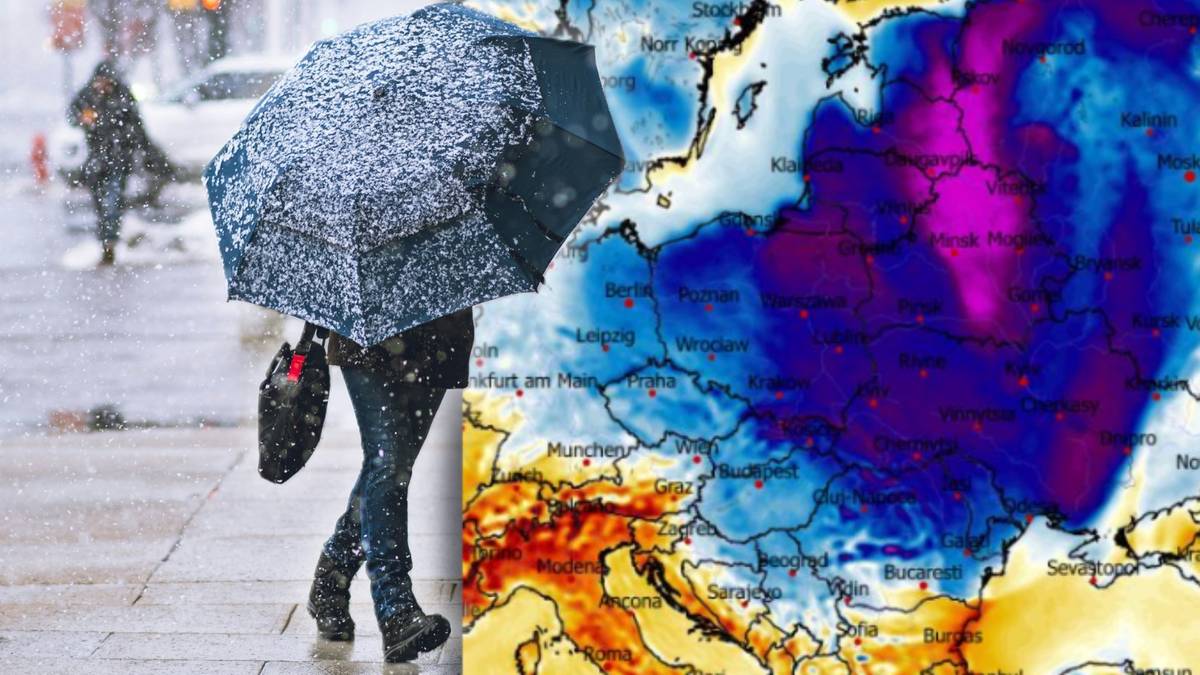 Ilustracja przedstawiająca przechodnia z parasolką w deszczu oraz mapę pogody Europy z widocznymi niżami i wyżami.