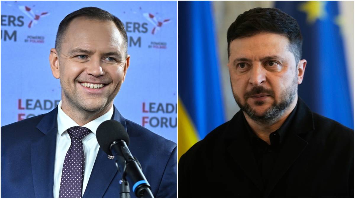 Portrety polityk&oacute;w: po lewej uśmiechnięty mężczyzna w garniturze, po prawej prezydent Ukrainy Wołodymyr Zełenski.